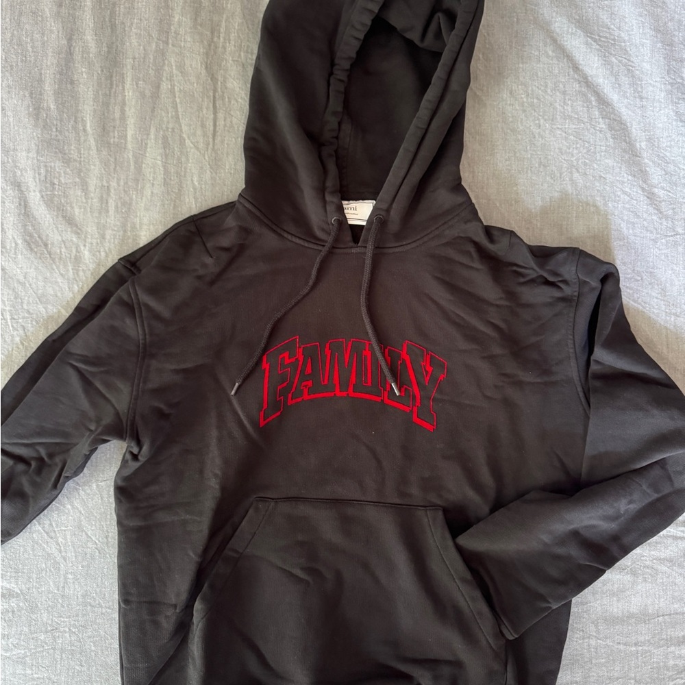 Black Hoodie with Red 'Family' Embroidery Ami Paris